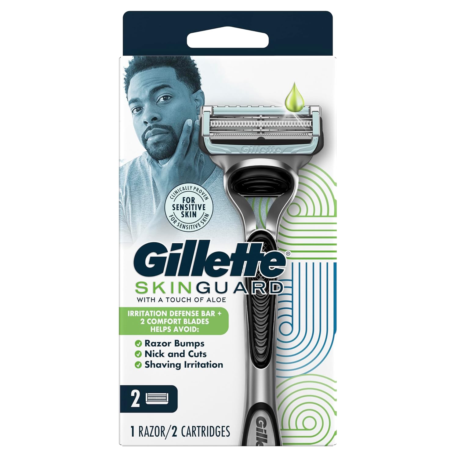 Gillette SkinGuard Razors for Men, 1 Razor Handle and 2 Razor Blade Refills, Designed for Men with Sensitive Skin, Razor Bumps, and Shaving Irritation