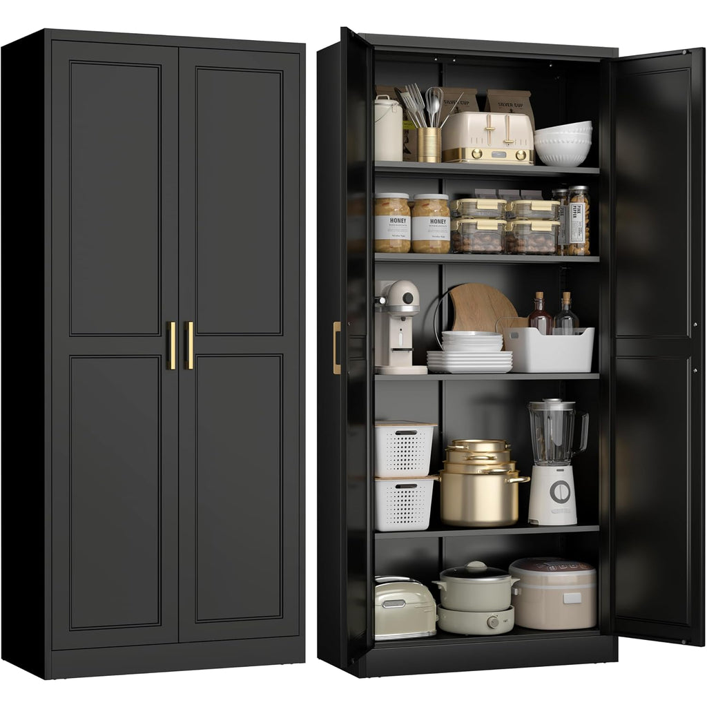 71" Kitchen Pantry Cabinet, Pantry Storage Cabinet With Doors And 4 Shelves, Metal Storage Cabinets For Kitchens, Living Room, Dinning Room, Assembly Required, Black