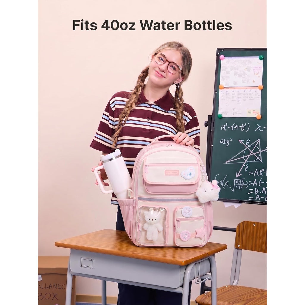 Lovevook School Backpack For Girls, Cute Bookbag For Teen 8-16, Diy Friendly 15.6" Laptop Backpack For Middle High College Student Back To School, Bag With Water Bottle Pocket For Travel, Pink