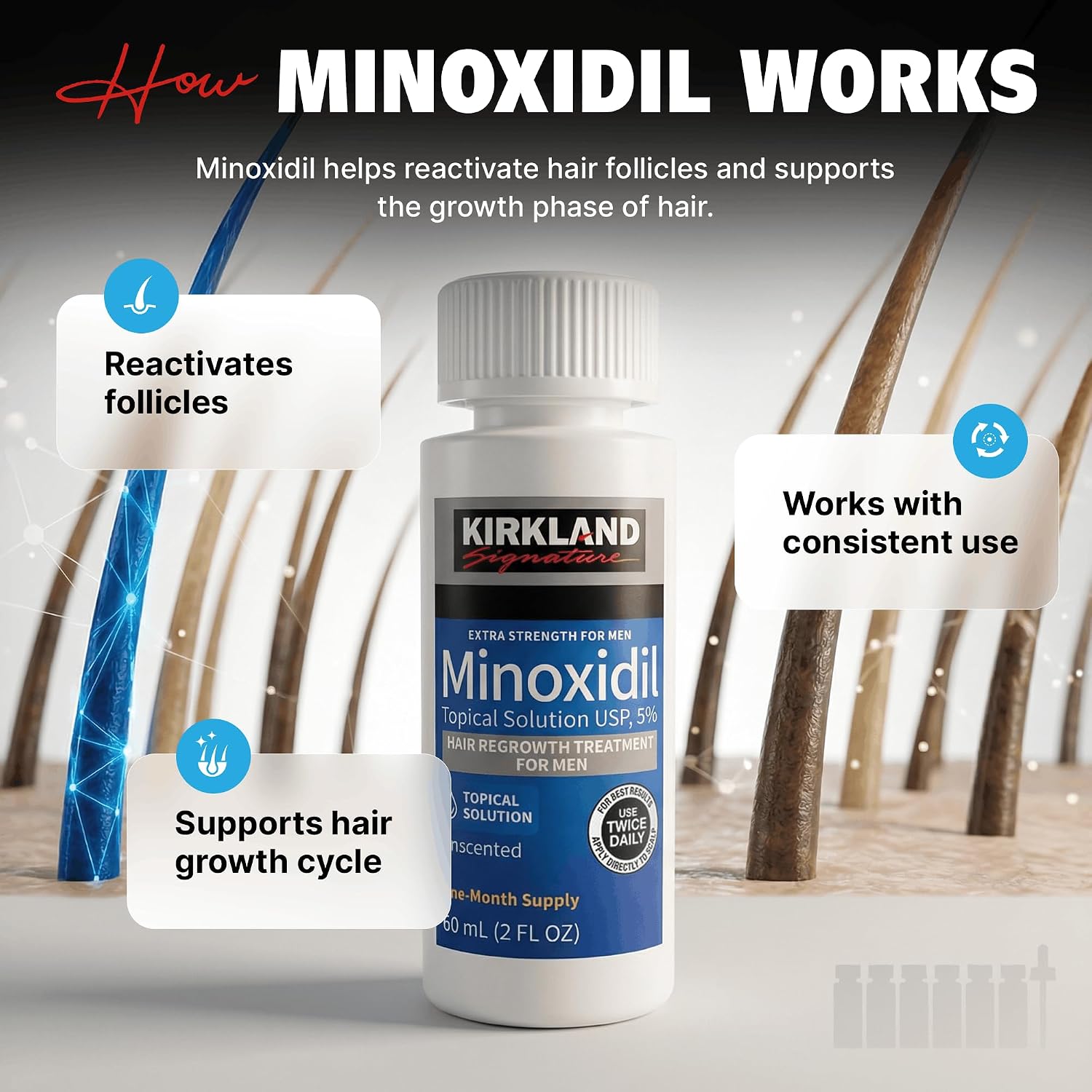 Minoxidil Liquid Extra Strength Hair Regrowth Treatment For Men, 5% Topical Solution, 6 Months Supply - Dropper Applicator And Bonus Free Instructional Guide Included