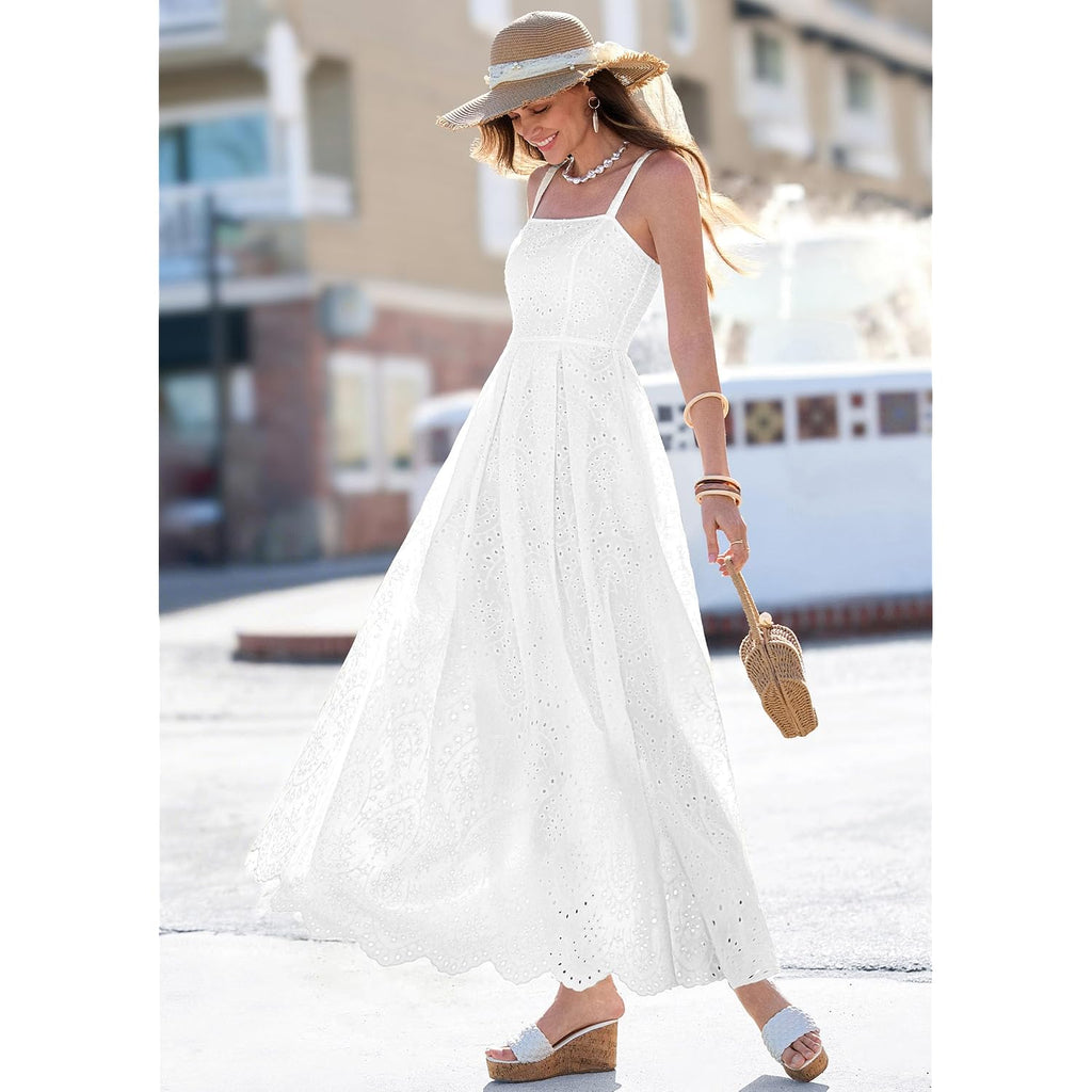 Prettygarden Womens Sleeveless Maxi Summer Dresses 2026 Hollow Out Eyelet Square Neck Ruffle Flowy Beach Vacation Sundress