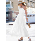 Prettygarden Womens Sleeveless Maxi Summer Dresses 2026 Hollow Out Eyelet Square Neck Ruffle Flowy Beach Vacation Sundress