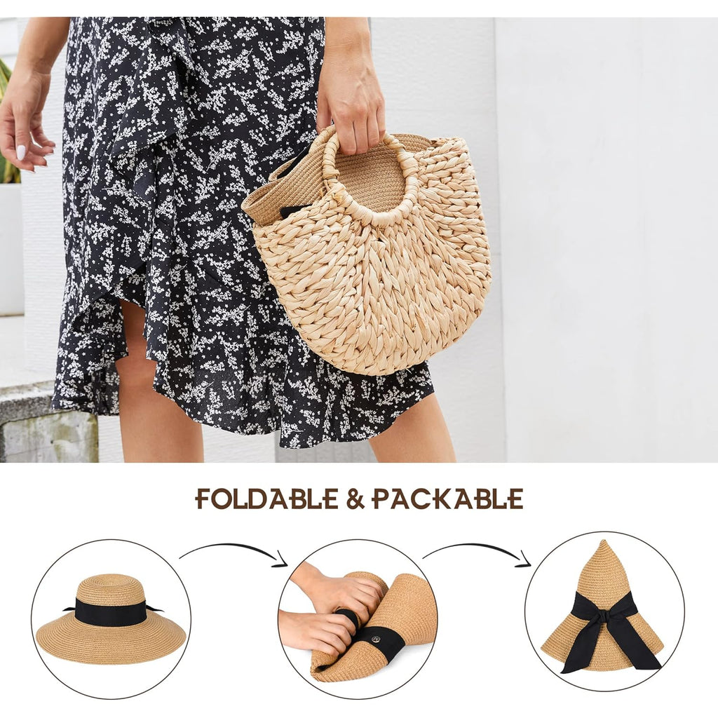 Beach Hat for Women, Wide Brim Sun Straw Hats for Women, Sun Hat Womens UPF 50+ UV Protection, Floppy Foldable Summer Hats