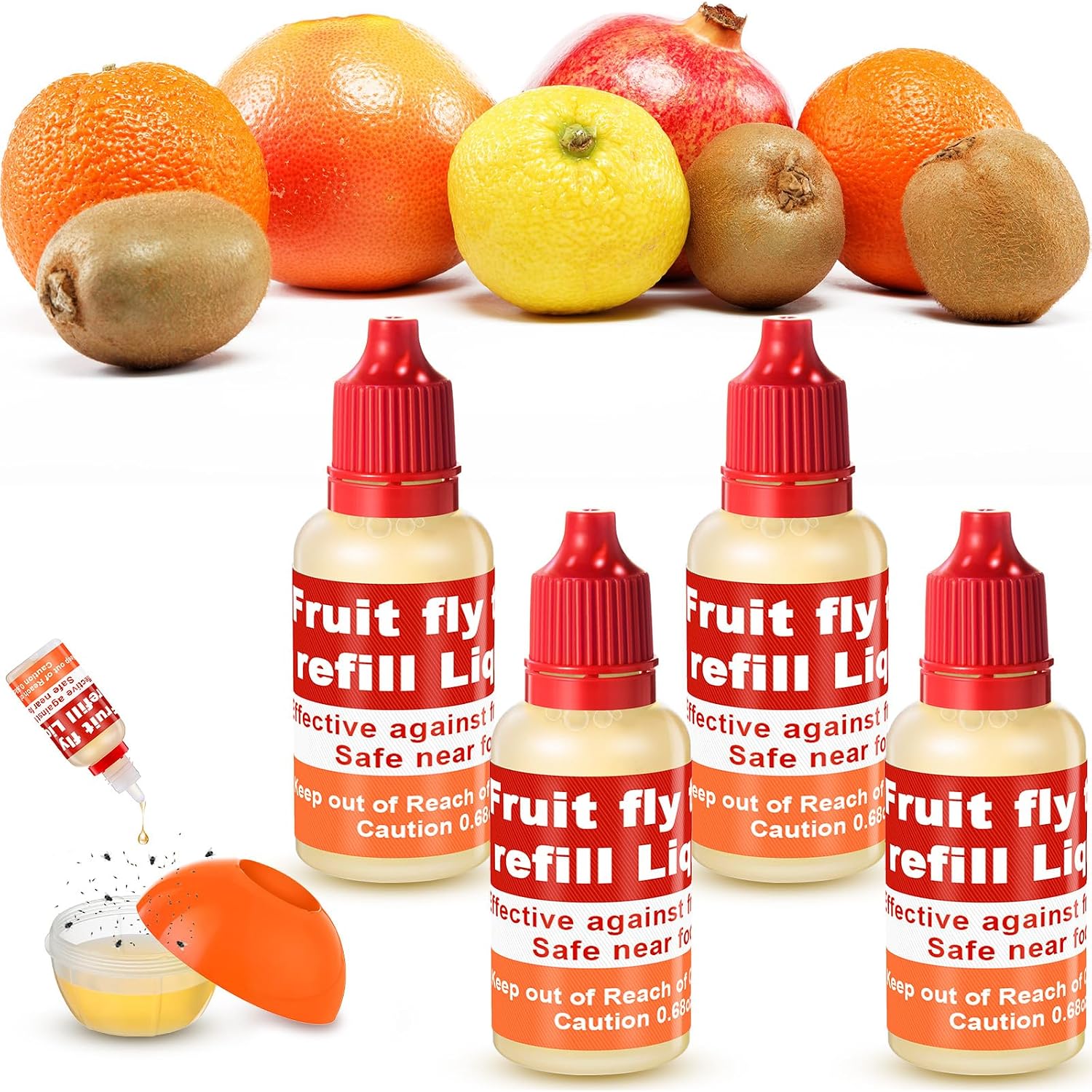 Qualirey 4 Pack Fruit Fly Trap Refill Liquid, 0.68Oz/ Bottle Liquid Fruit Fly Traps For Indoors Non Toxic Safe Near Food, Effective Lure Refill For Indoor And Kitchen Use, Red