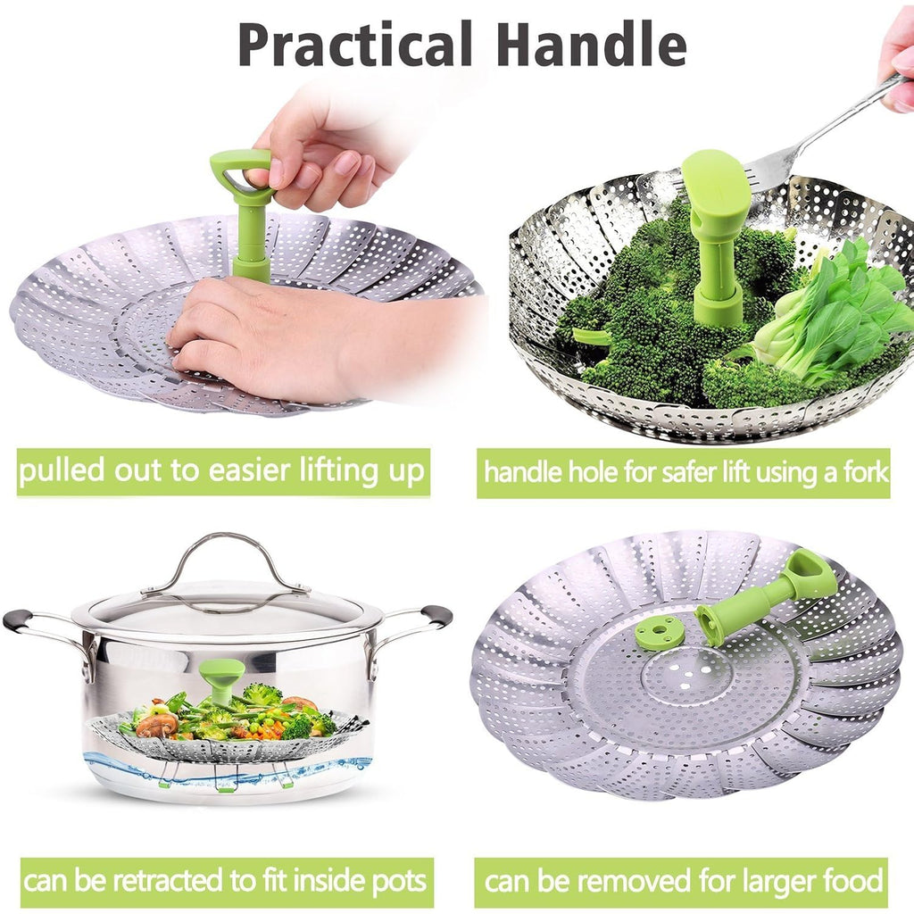 Consevisen Vegetable Steamer Basket for Cooking Food, Stainless Steel Veggie Steam Basket for Pot, Folding Expandable Steaming Insert with Extendable Handle Fits Various Size Pot, 5.1" to 9"