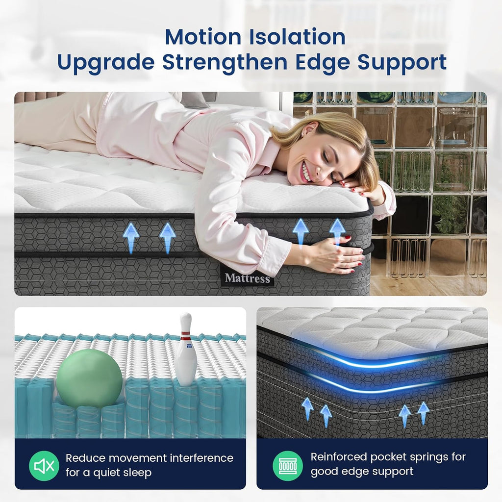 Ruoyson Full Mattress, 10 Inch Firm Hybrid Full Size Mattress In A Box, Strong Edge Support, Motion Isolation, With 7-Zones Pocket Springs, Fiberglass-Free, Pressure Relief, Certipur-Us