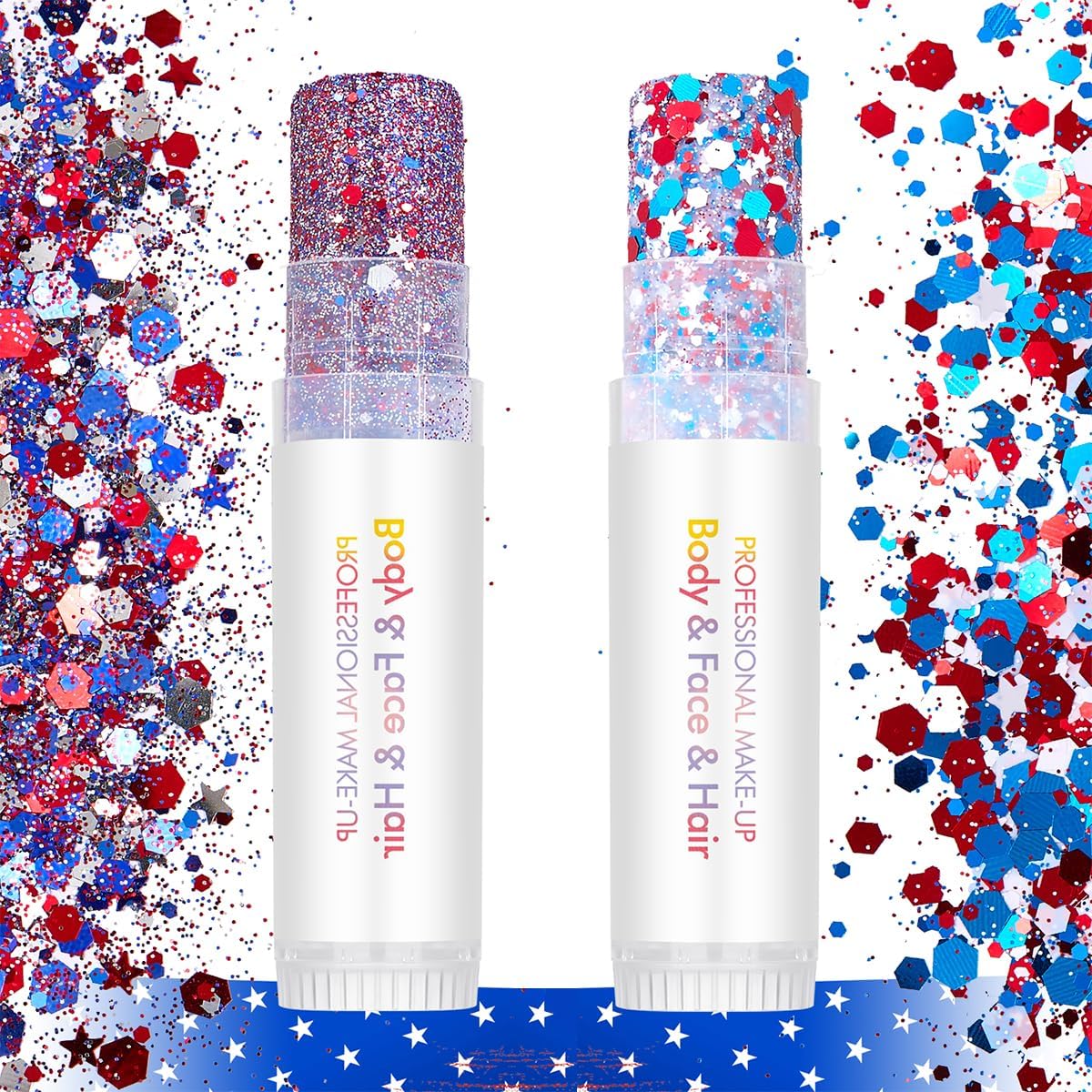 4th of July Body Glitter Stick Set for Face, Body & Hair - Red White & Blue Fine & Chunky Sparkle, Patriotic Makeup for Watch Party, Rave & Game Day 2 Pack