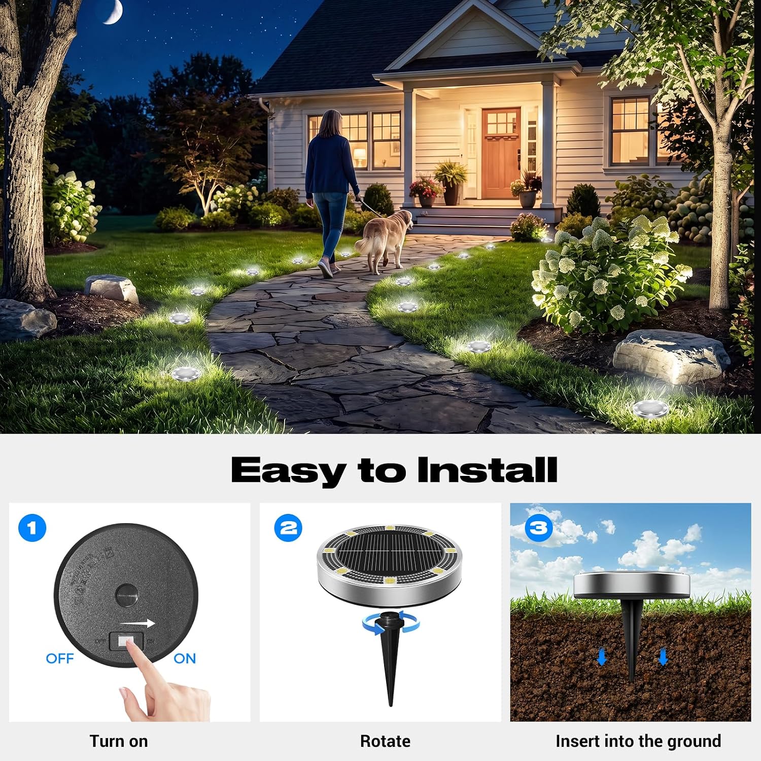 Solar Lights Outdoor Waterproof, 8 Pack Solar Powered Ground Lights Outdoor, Ip68 Waterproof, Anti-Rust, Solar Garden Lights Landscape Lighting For Pathway Yard Lawn Walkway Driveway,Cool White