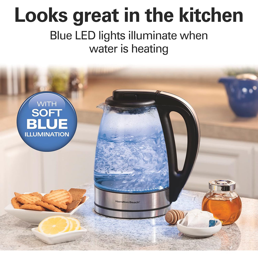 Hamilton Beach 1 Liter Electric Tea Kettle, Water Boiler & Heater | Fast Boiling 1500 Watts | Bpa Free | Cordless Serving | Auto-Shutoff & Boil-Dry Protection | Blue Led | Clear Glass