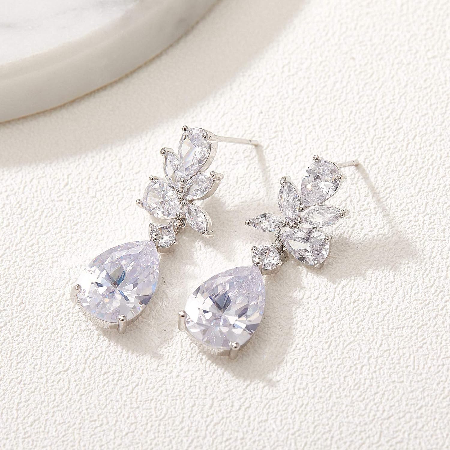SWEETV Elegant Bridal Wedding Earrings for Brides, Bridesmaids, Cubic Zirconia Teardrop Dangle Earrings for Women Formal Jewelry