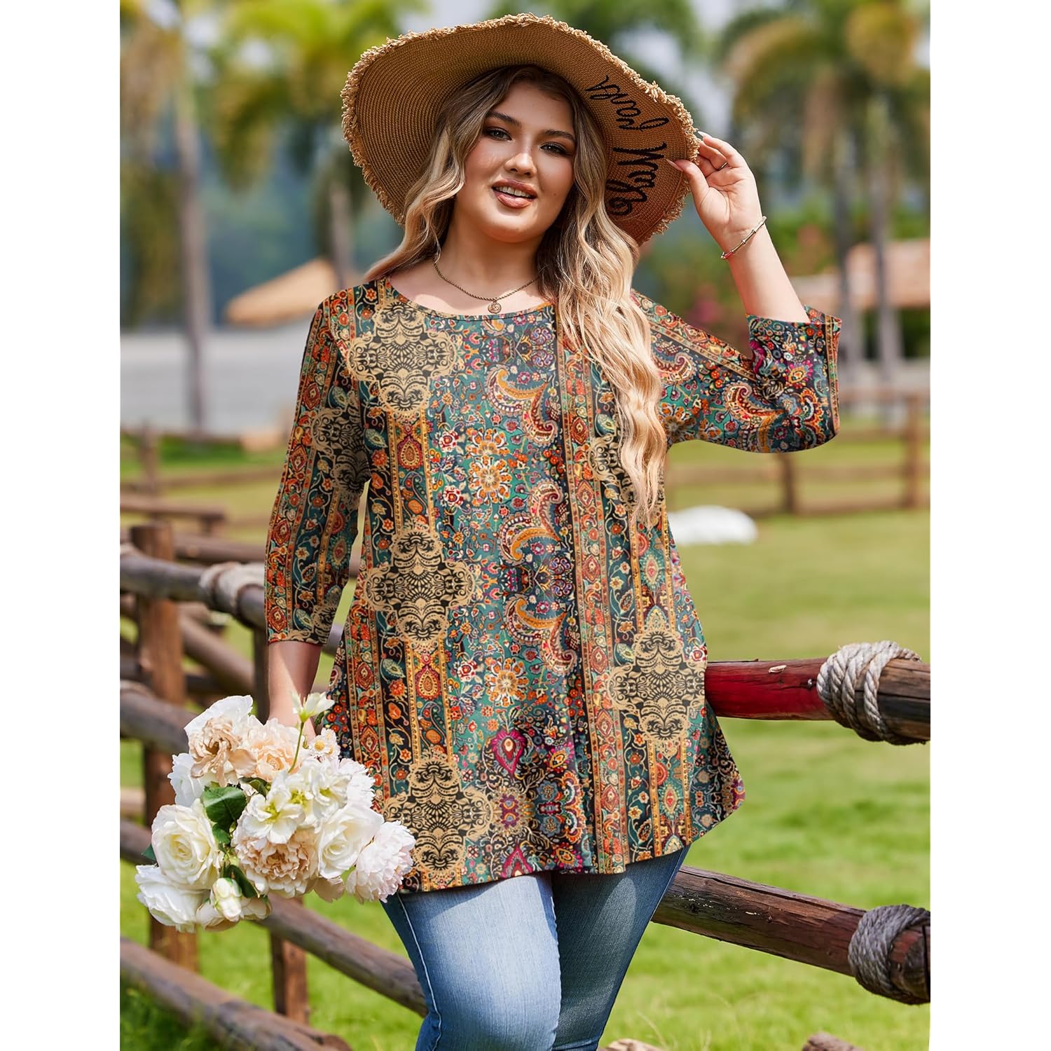 IN'VOLAND Plus Size Tops for Women 3/4 Sleeve Loose Shirts to Wear with Leggings Summer Fall 2025 Clothes