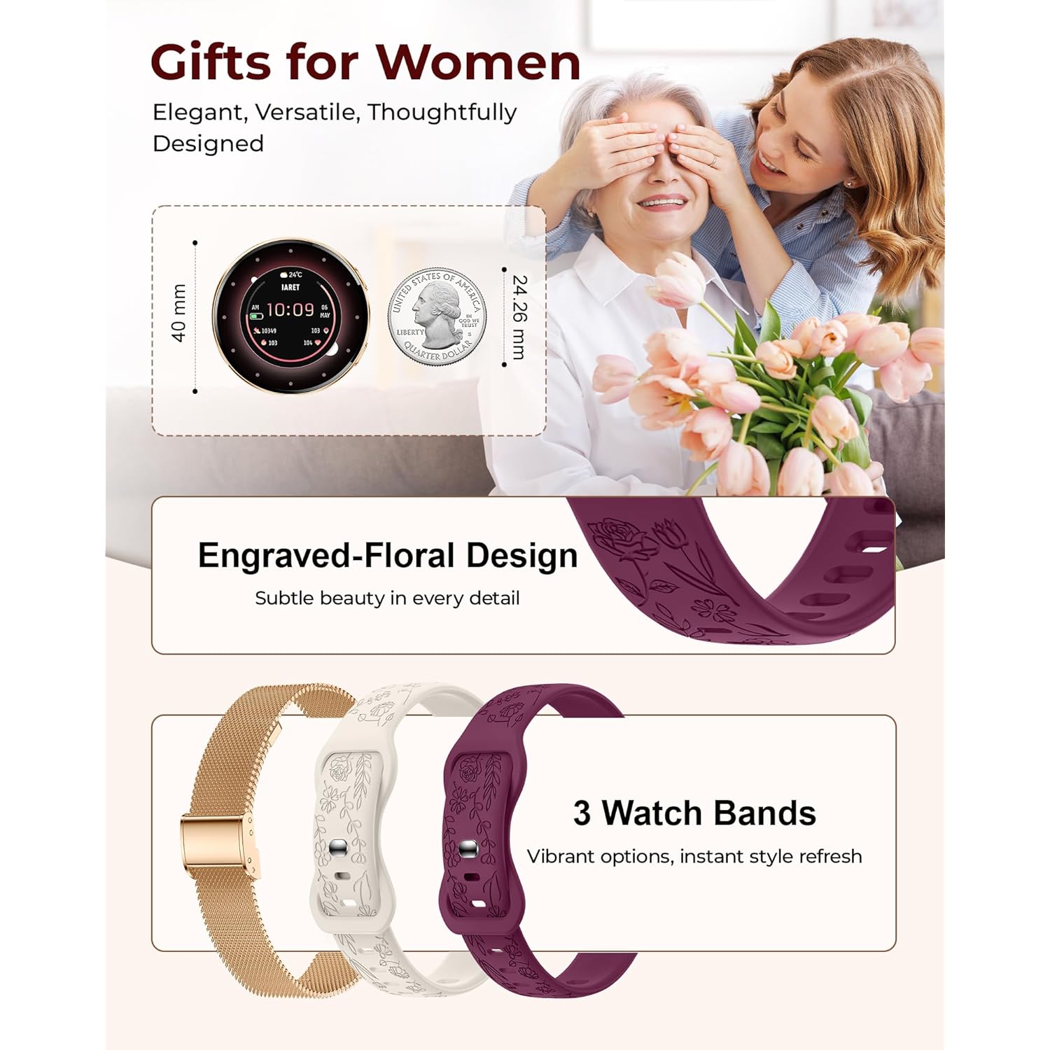 Smart Watches for Women, 1.27″ AMOLED Fitness Tracker with Heart Rate SpO2 Sleep Monitor, 3 Bands, 120+ Sport Modes, Call & Notifications, Smartwatch for Android & iPhone Compatible, 40 mm Rose Gold