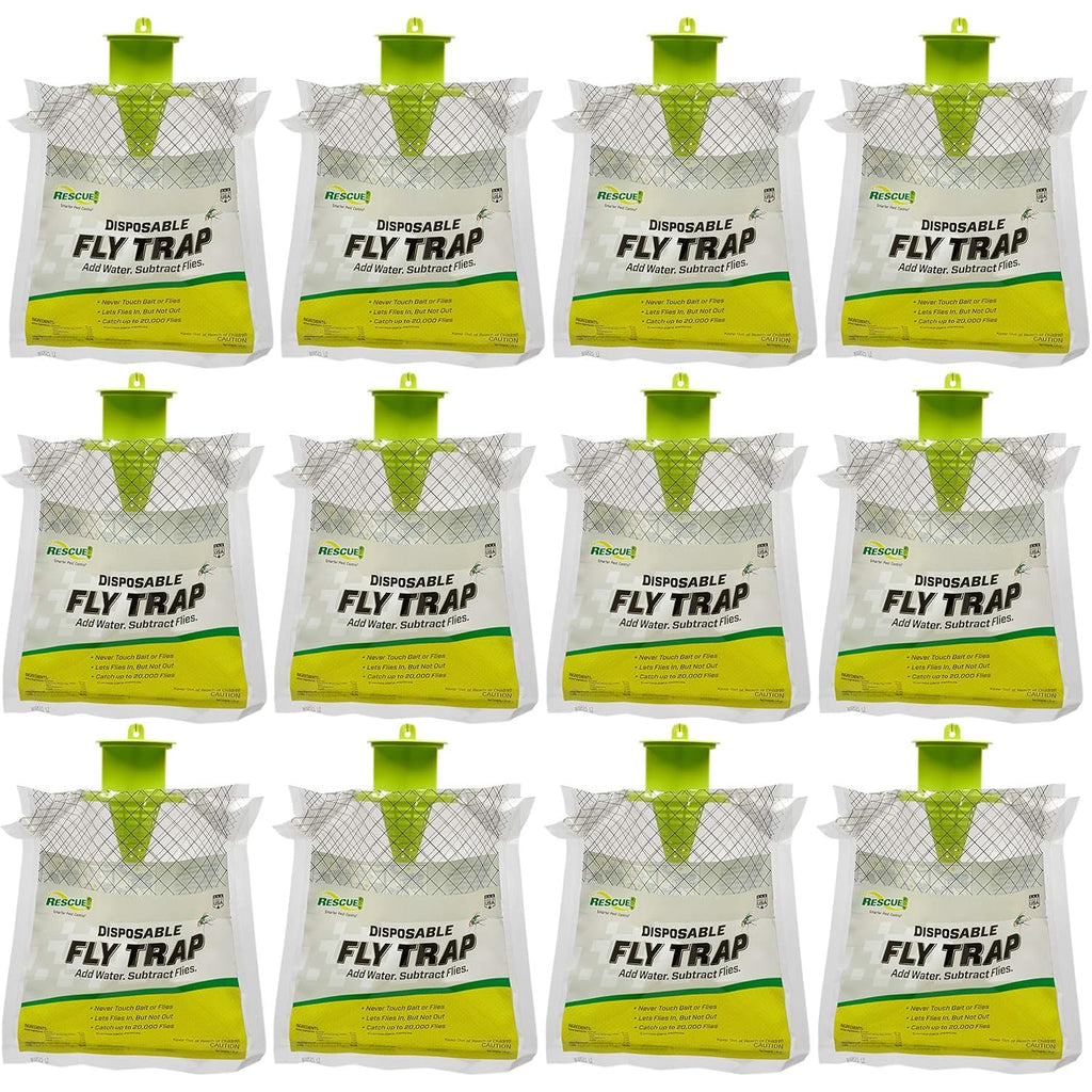 Rescue! Outdoor Disposable Fly Trap – Hanging Fly Catcher With Attractant Bait, Fly Bag For Patio, Yard, Trash & Farm Areas – Easy-To-Use Outdoor Fly Control - 12 Traps