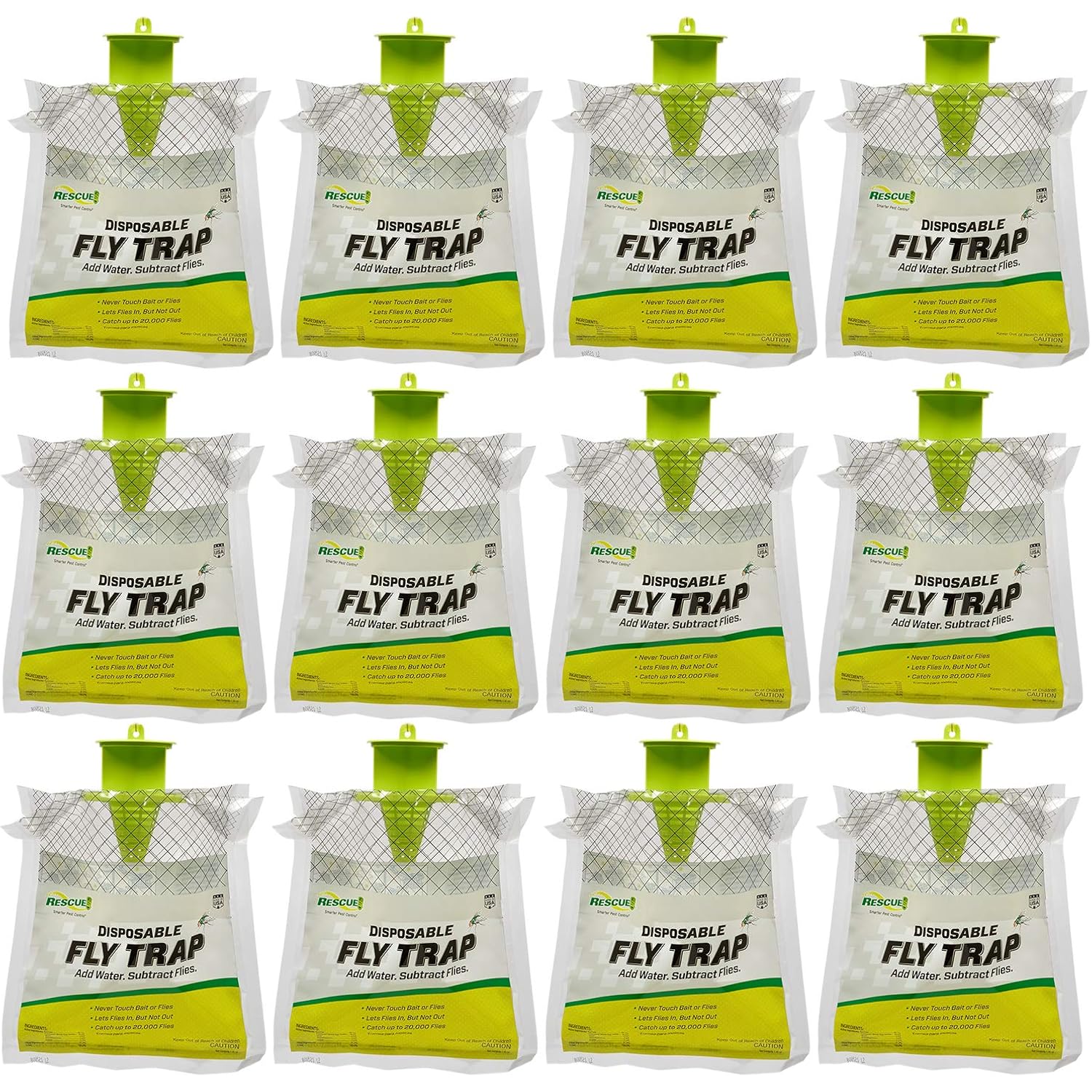 Rescue! Outdoor Disposable Fly Trap – Hanging Fly Catcher With Attractant Bait, Fly Bag For Patio, Yard, Trash & Farm Areas – Easy-To-Use Outdoor Fly Control - 12 Traps