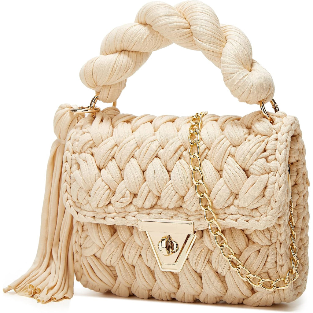 Chunky Yarn Knit Crochet Tote Purse Crossbody Bags For Women - Handwoven Evening Clutch Flap Shoulder Bag