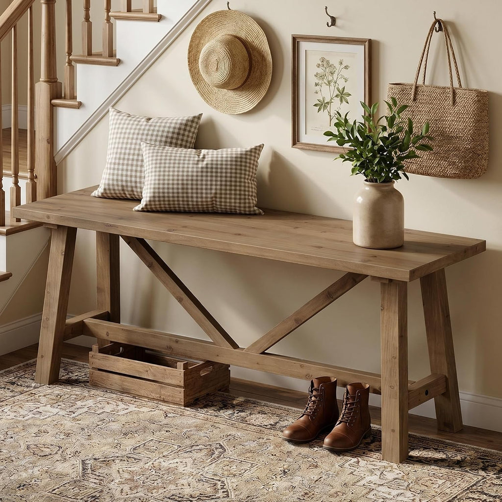 Wnutrees 43" Farmhouse Solid Wood Bench, Narrow Long Seat, Natural | Entryway Seat For End Of Bed, Living Room, Dining Area, Hallway