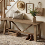 Wnutrees 43" Farmhouse Solid Wood Bench, Narrow Long Seat, Natural | Entryway Seat For End Of Bed, Living Room, Dining Area, Hallway