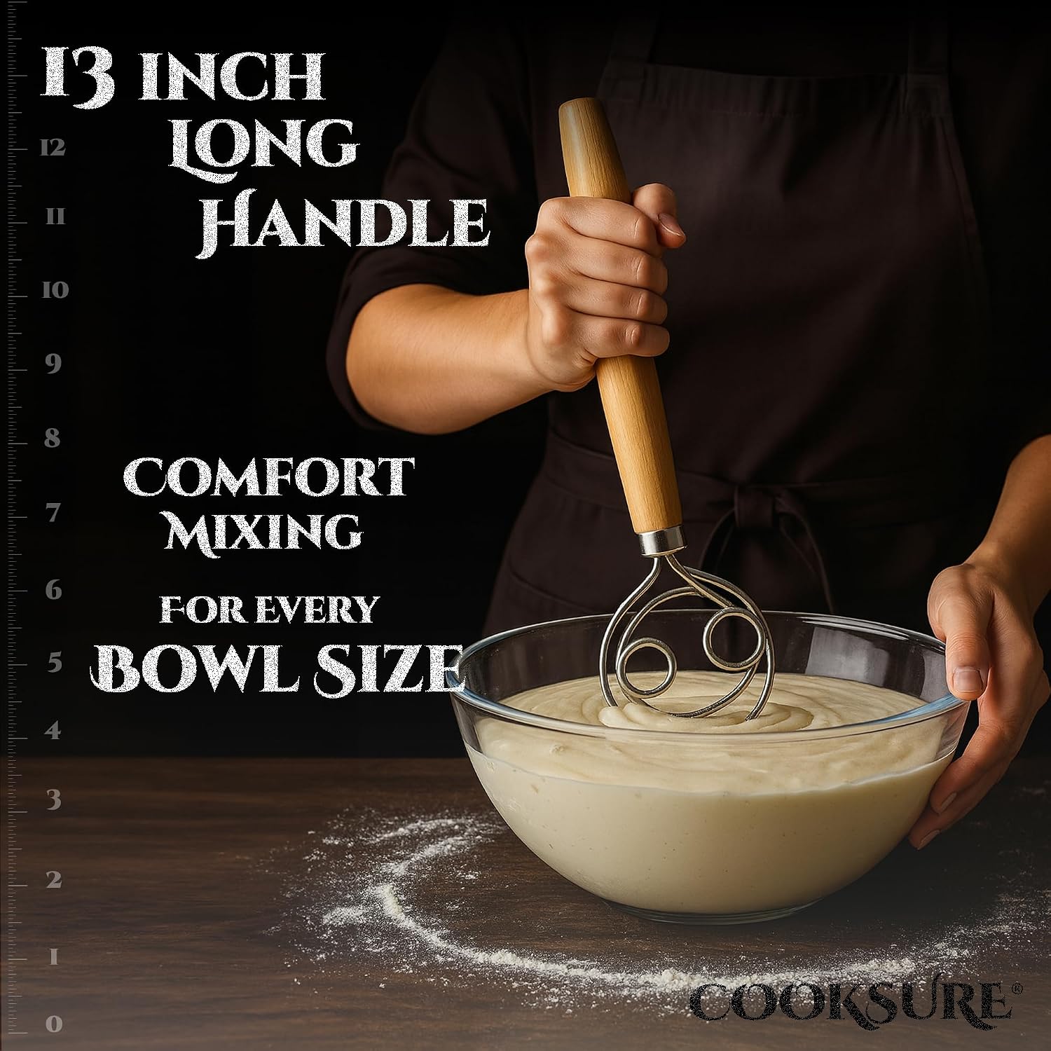 Danish Dough Whisk For Sourdough Bread – 13 Inch Bread Whisk With Wooden Handle – 304 Stainless Steel Hook For Heavy Dough Baking, Swedish Dough Whisk Tool