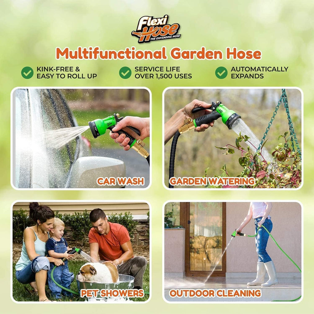 Flexi Hose Expandable Garden Hose With 8 Function Nozzle, 50Ft - Lightweight Retractable Garden Hose, Water Hose - No-Kink Flexibility, 3/4 Inch Solid Brass Fittings And Double Latex Core