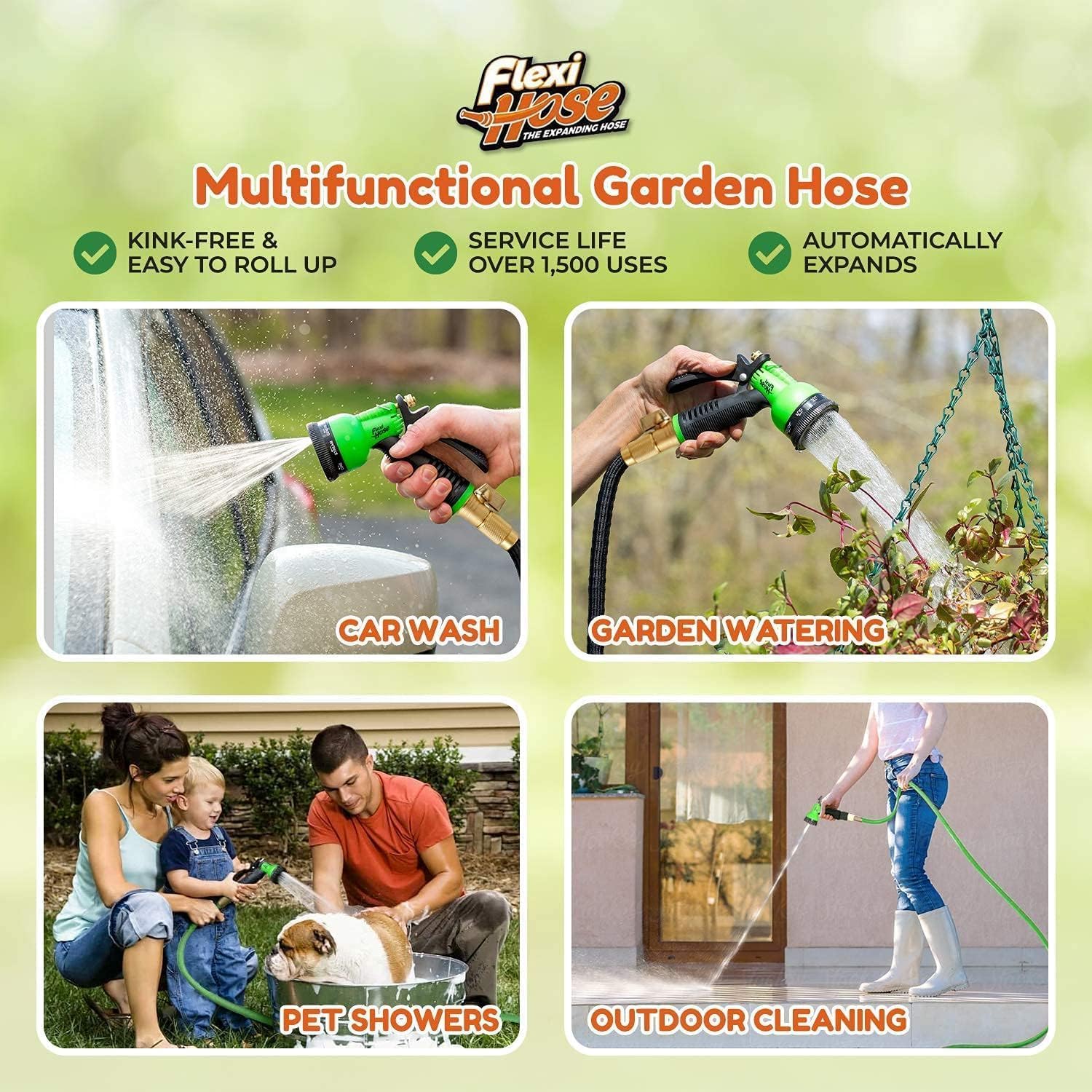 Flexi Hose Expandable Garden Hose With 8 Function Nozzle, 50Ft - Lightweight Retractable Garden Hose, Water Hose - No-Kink Flexibility, 3/4 Inch Solid Brass Fittings And Double Latex Core