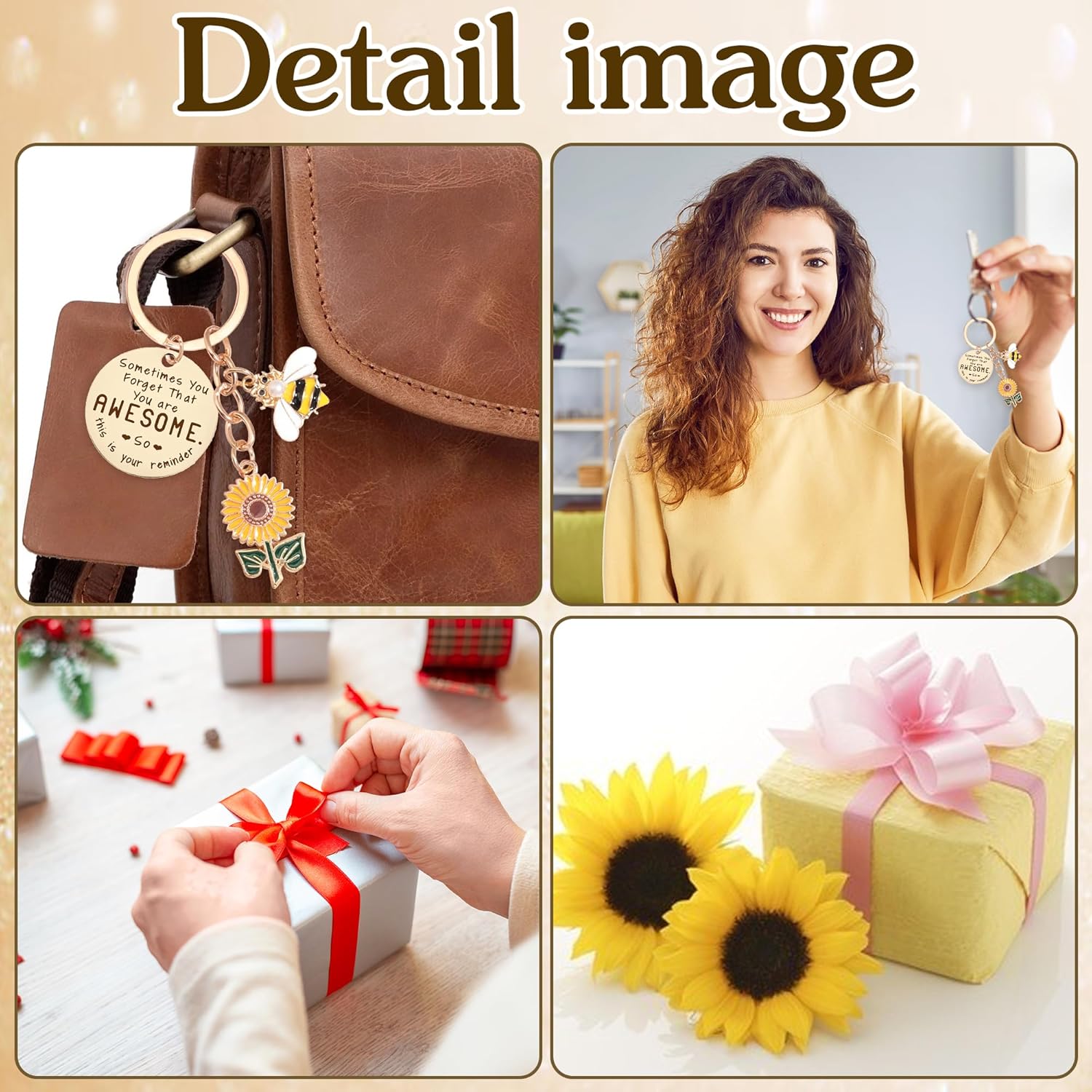 Sunflower Keychains Inspirational Gifts for Women - Motivational Keyring Friendship Keychain Gift, Yellow Sunflower Bee Key Chain for Him Her Friend Coworker Purse Wallet Handbags Backpack