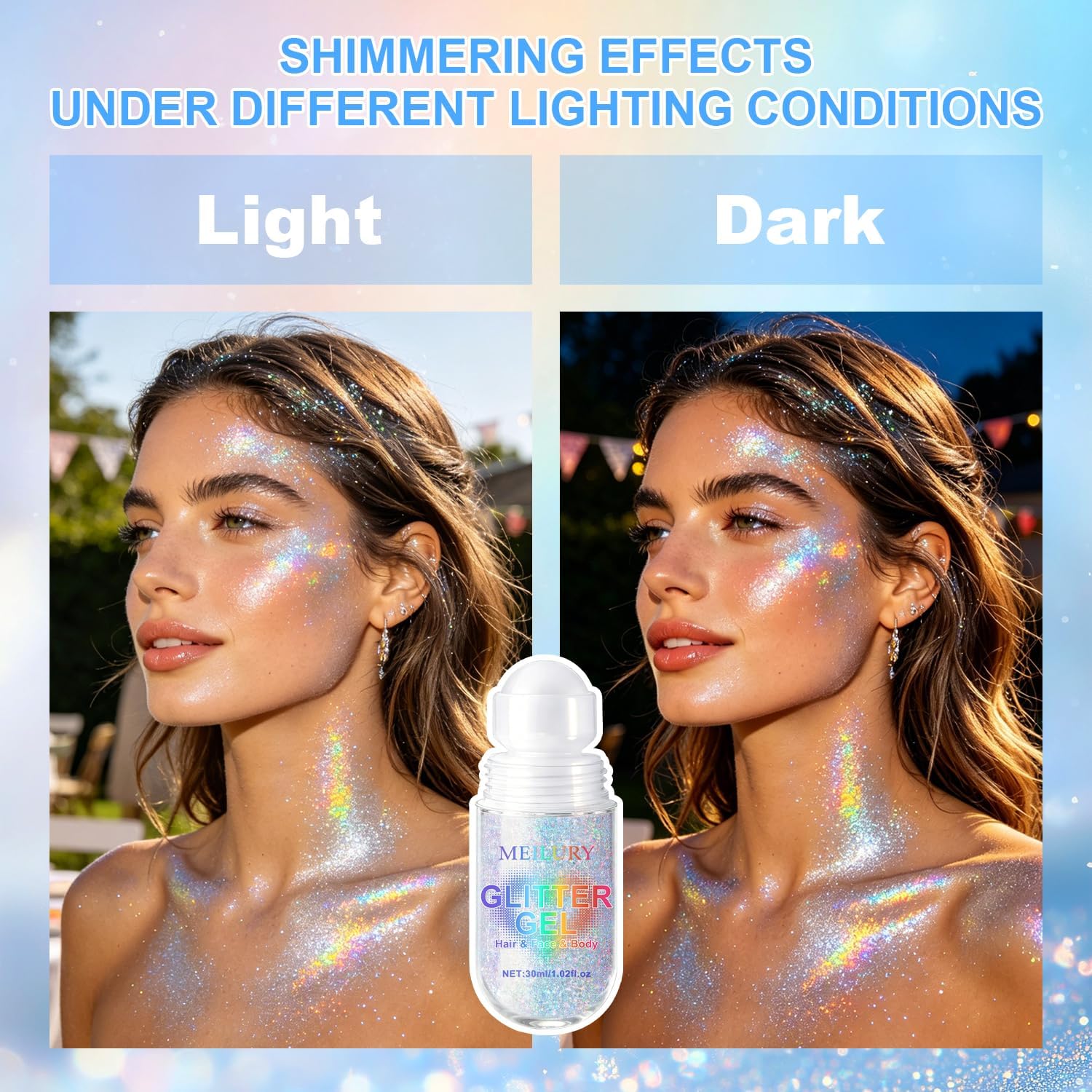 2 Colors Roll-On Body Glitter Gel For Face Body And Hair, Holographic Glitter Gel Under Light, Chameleon Color Rolling Sequins For Rave Accessories Christmas Halloween (Glint-Rainbow+Dazzle)