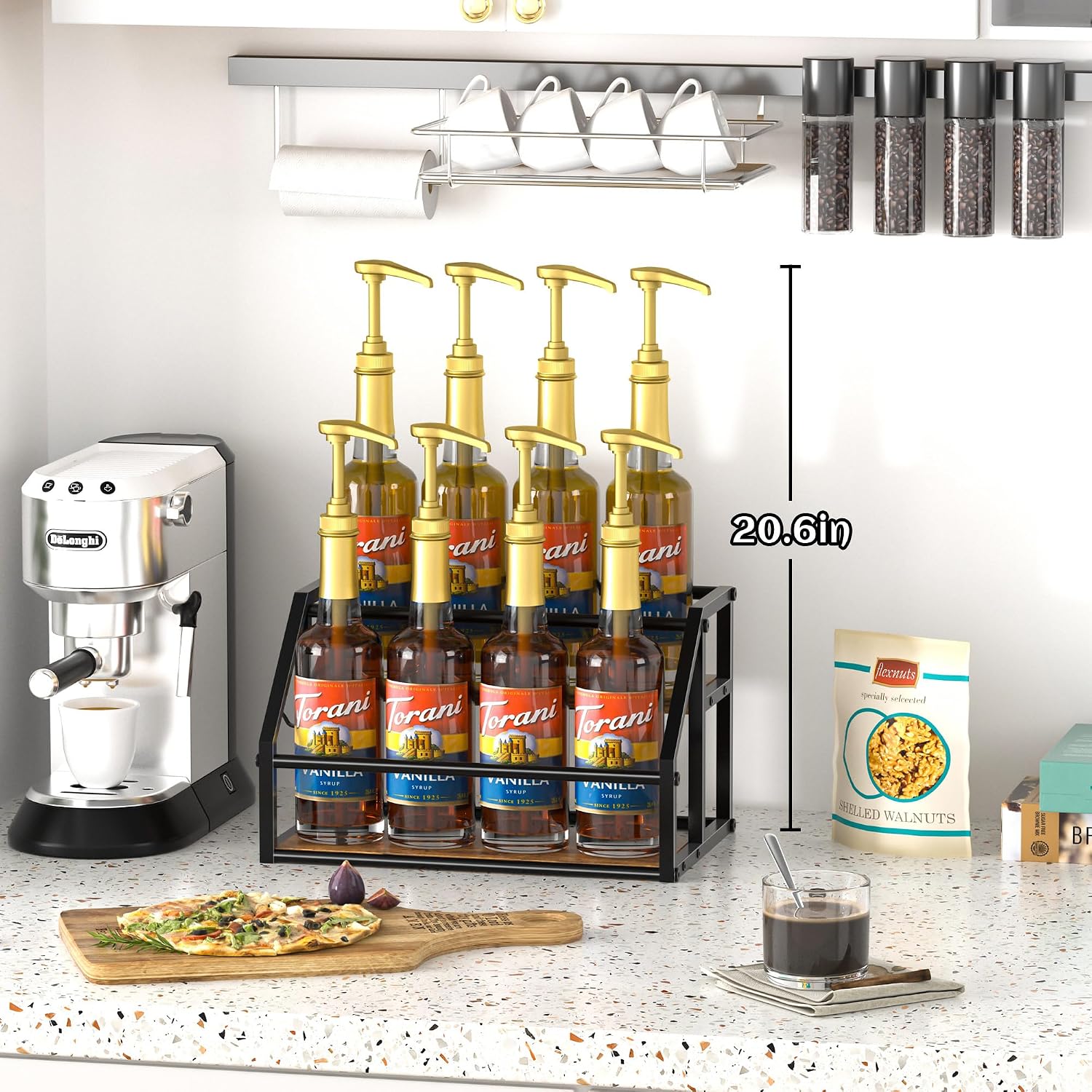 Coffee Syrup Rack Organizer, Syrup Bottle Holder Stand For Coffee Bar, 2-Tier 8 Bottles Storage Shelves For Syrup, Wine, Dressing For Kitchen Countertop, Rustic Brown & Black