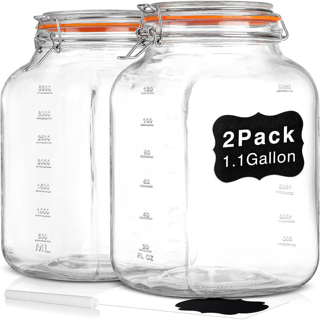 [Upgrade] 2 Pack Square Super Wide Mouth Airtight Glass Storage Containers With Lids, 1.1 Gallon Glass Jars With 2 Measurement Marks, Canning Jars With Leak-Proof Lid For Kitchen (Spare Gasket)