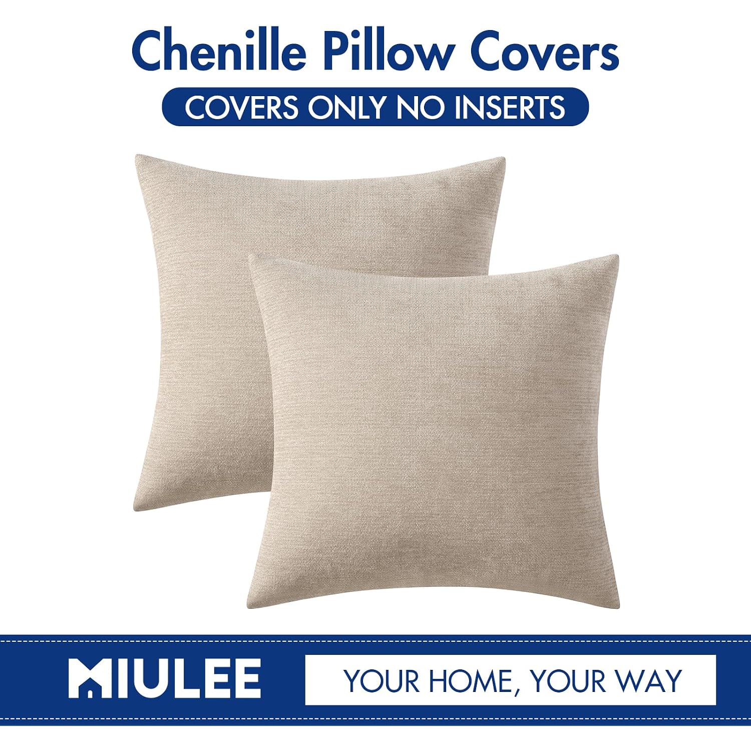 Miulee Pack Of 2 Beige Decorative Pillow Covers 18X18 Inch | Soft Chenille Couch Throw Pillows Farmhouse Cushion Covers For Home Decor Sofa Bedroom Living Room