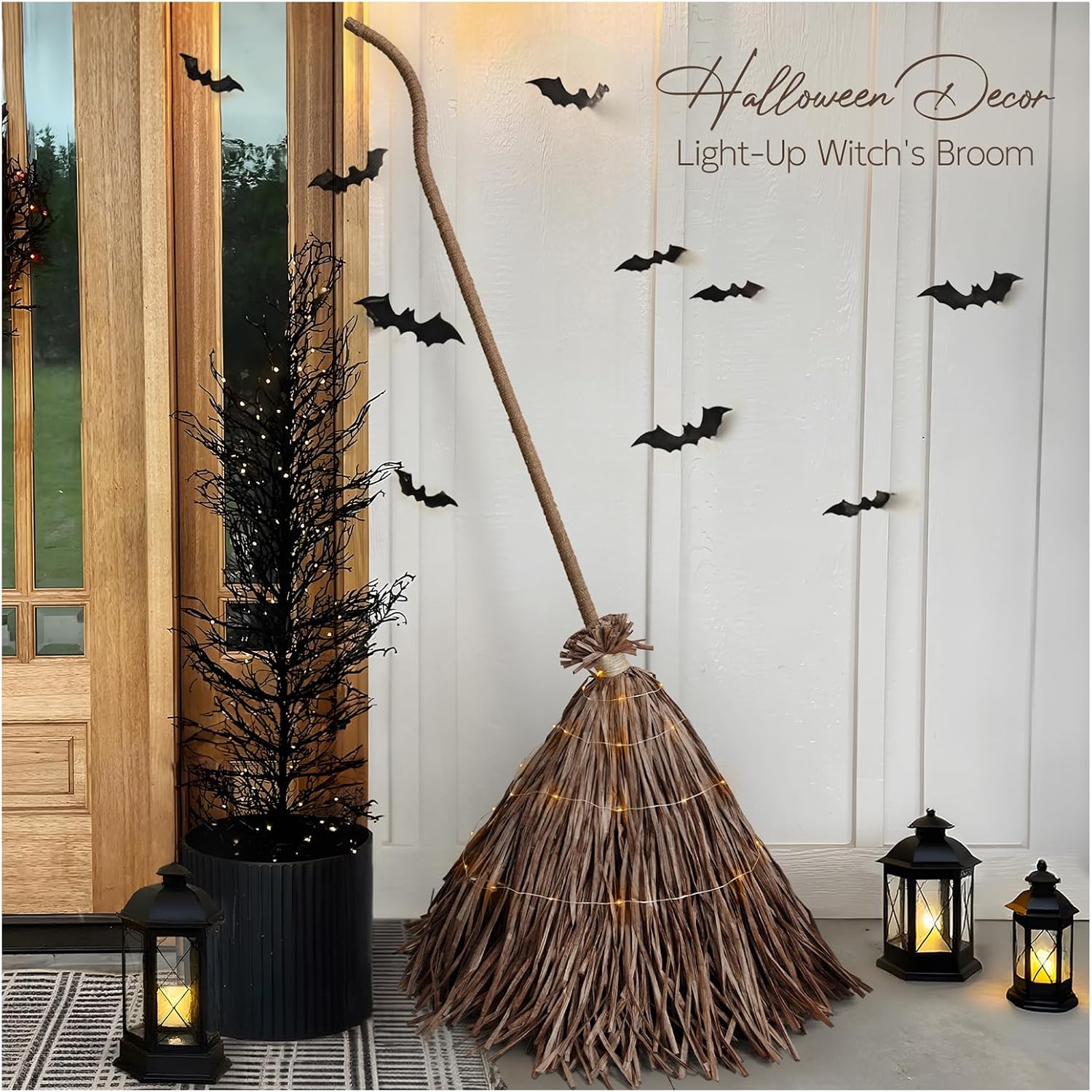 Halloween Decorations - 5.5 Ft Giant Light-Up Witches Broom | Rustic Farmhouse Decoration, Fall Decor For Home, Indoor Outdoor Decoration, For Front Door Porch