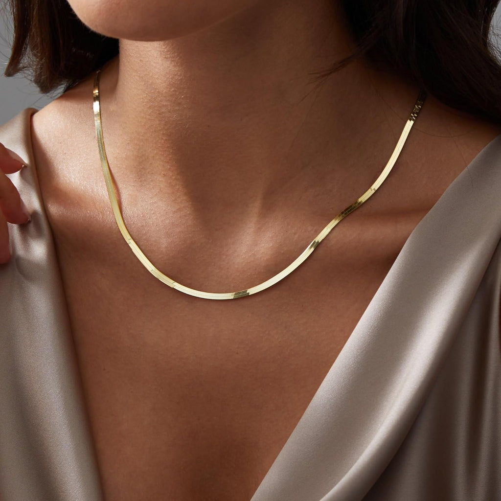 Gold Chain for Women & Men,14K Gold Necklace for Women &Men Flat Snake Chains Womens Herringbone Choker Chains Necklaces 4MM 18in/20in/22in/24inchs