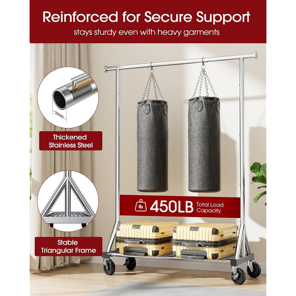 Heavy Duty Stainless Steel Rolling Clothes Rack With Mesh Shelf, Lockable Wheels & Anti-Slip Stoppers, Large Capacity Clothing Organizer For Bedroom, Laundry Room, 42.5" X 16.5" X 65.9", Silver