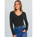 Long Sleeve Shirts for Women V Neck Ribbed Knit Fitted Fall Basic Tshirts Going Out Tops 2026 Casual Trendy Clothes