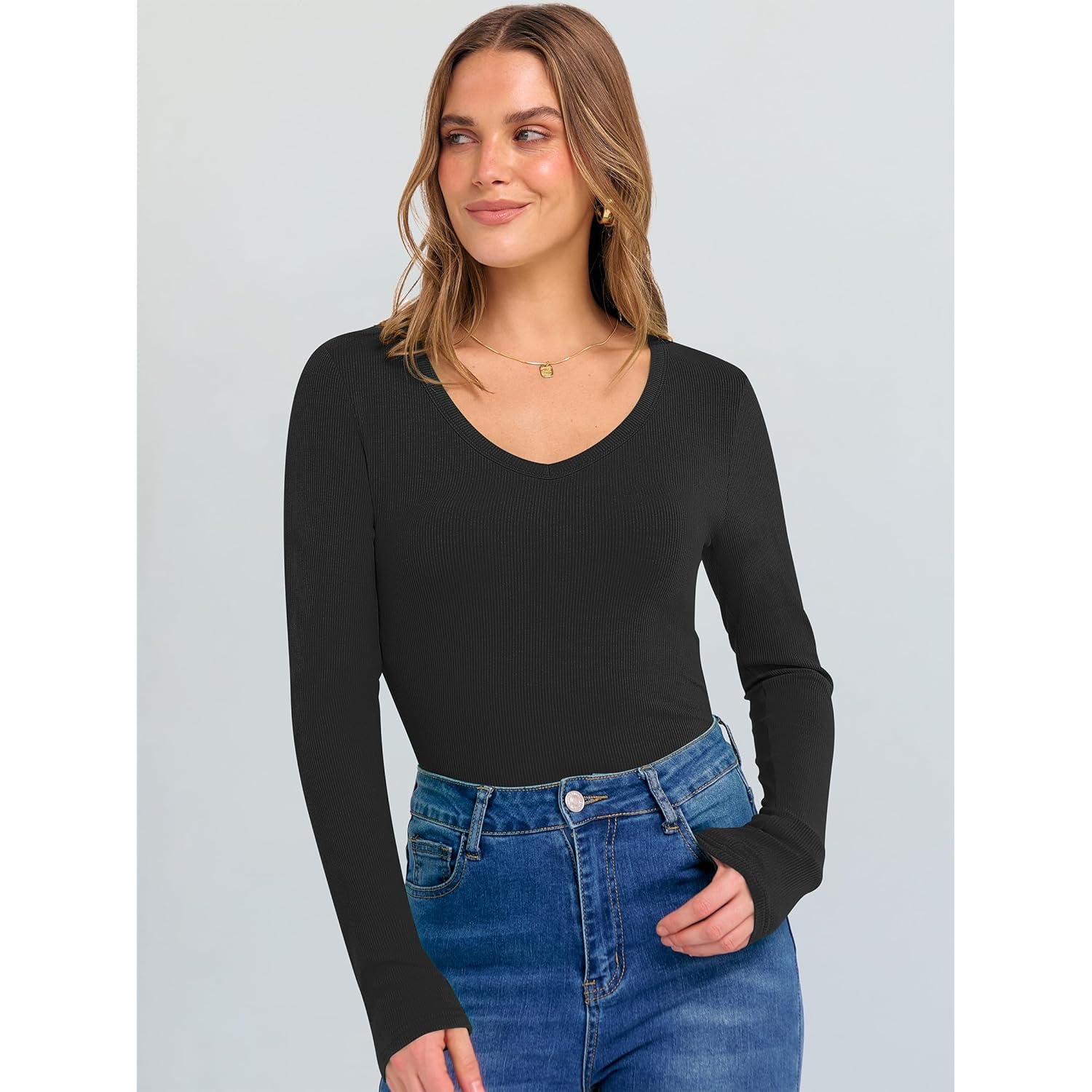 Long Sleeve Shirts for Women V Neck Ribbed Knit Fitted Fall Basic Tshirts Going Out Tops 2026 Casual Trendy Clothes