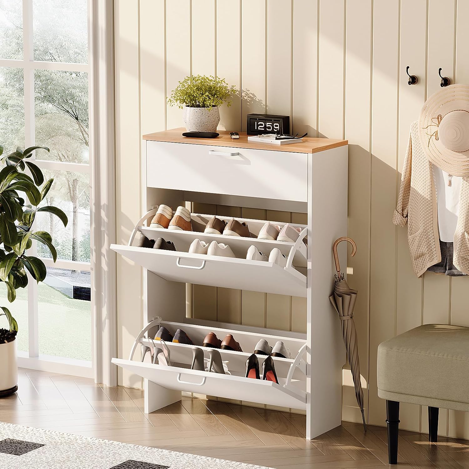 Vingli Shoe Cabinet Storage For Entryway Ultra Slim With 2 Flip &1Drop-Down Drawers, 24.8" W Narrow Shoe Cabinet For Front Door Entrance,Freestanding Modern White Wood Shoes Organizer For Hallway