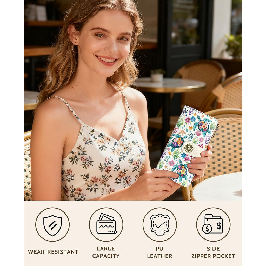 Sea Turtle Womens Wallet Rfid Blocking, Credit Card Holder Bifold, Pu Leather Travel Billfold, Long Cute Cash Purse, Zipper Coin Pocket Clutch, 1 Id Window, 11 Card Slot, Ladies Gift Woman