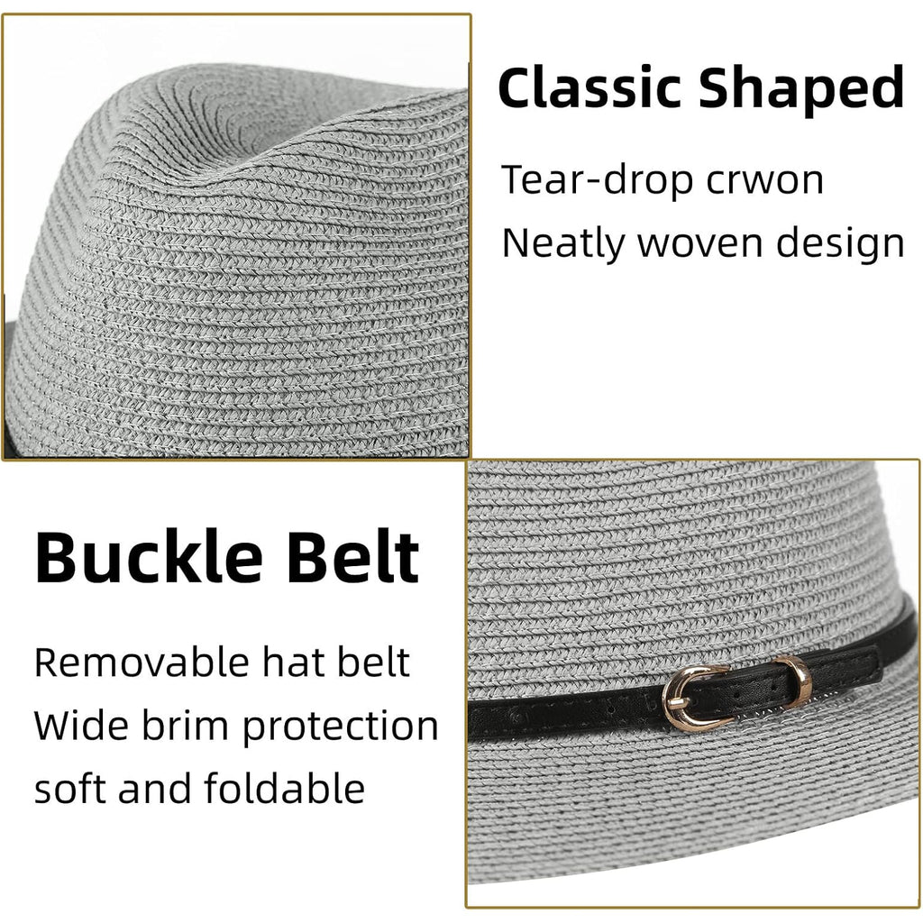 Straw Sun Hats for Women Men Panama Fedora Summer Hat with Leather Belt Wide Brim Beach Sun Jazz Cap 1#gray