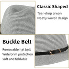 Straw Sun Hats for Women Men Panama Fedora Summer Hat with Leather Belt Wide Brim Beach Sun Jazz Cap 1#gray