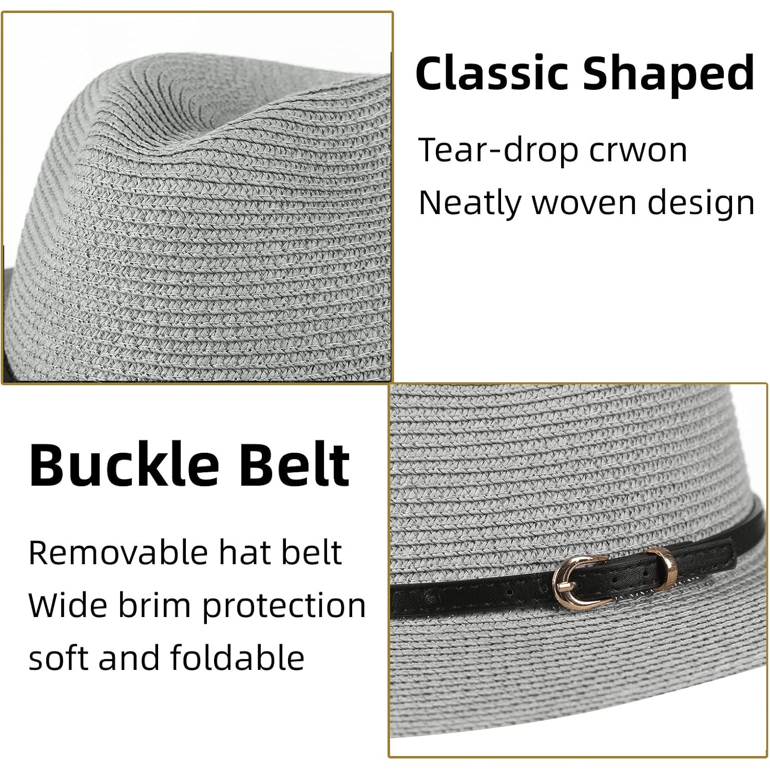 Straw Sun Hats for Women Men Panama Fedora Summer Hat with Leather Belt Wide Brim Beach Sun Jazz Cap 1#gray