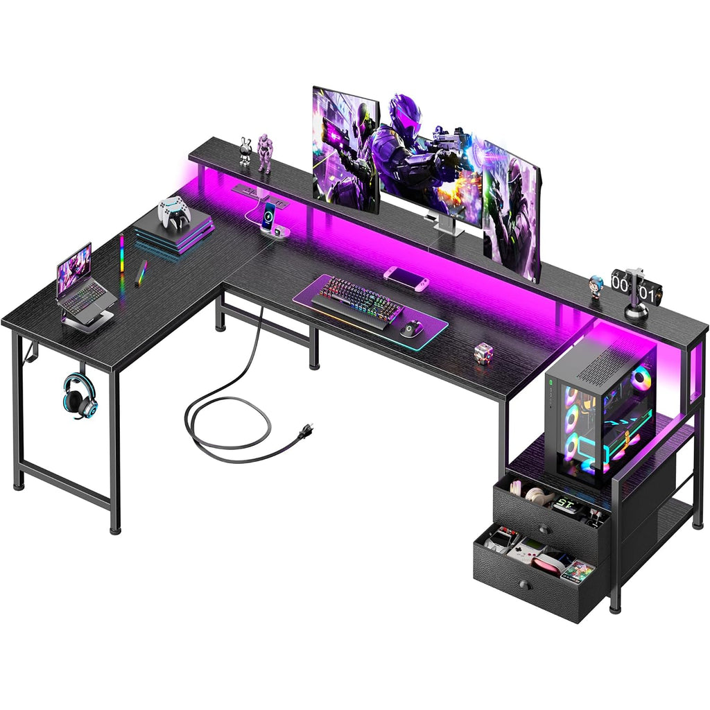 Korfile 66'' L Shaped Gaming Desk With Drawers And Storage Shelves, Reversible Corner Desk With Power Outlets And Host Stand, Large Computer Desk With Led Lights For Gaming, Work, Home Office, Black
