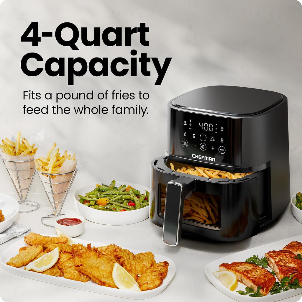 Chefman Air Fryer – 4 Qt Compact Airfryer For Quick & Easy Meals, Features Hi-Fry Technology For Extra Crisp, Easy-View Window, Touch Controls With 4 Presets, Nonstick & Dishwasher Safe Basket - Black