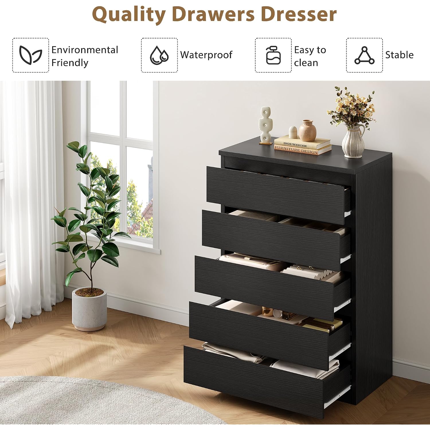 Jocoevol Black 5 Drawer Dresser For Bedroom, 15" D X 23.7" W X 40.4" H In Simply Chest Of Drawers, Wood Storage Dresser With Drawers For Living Room Hallway Entryway, Black