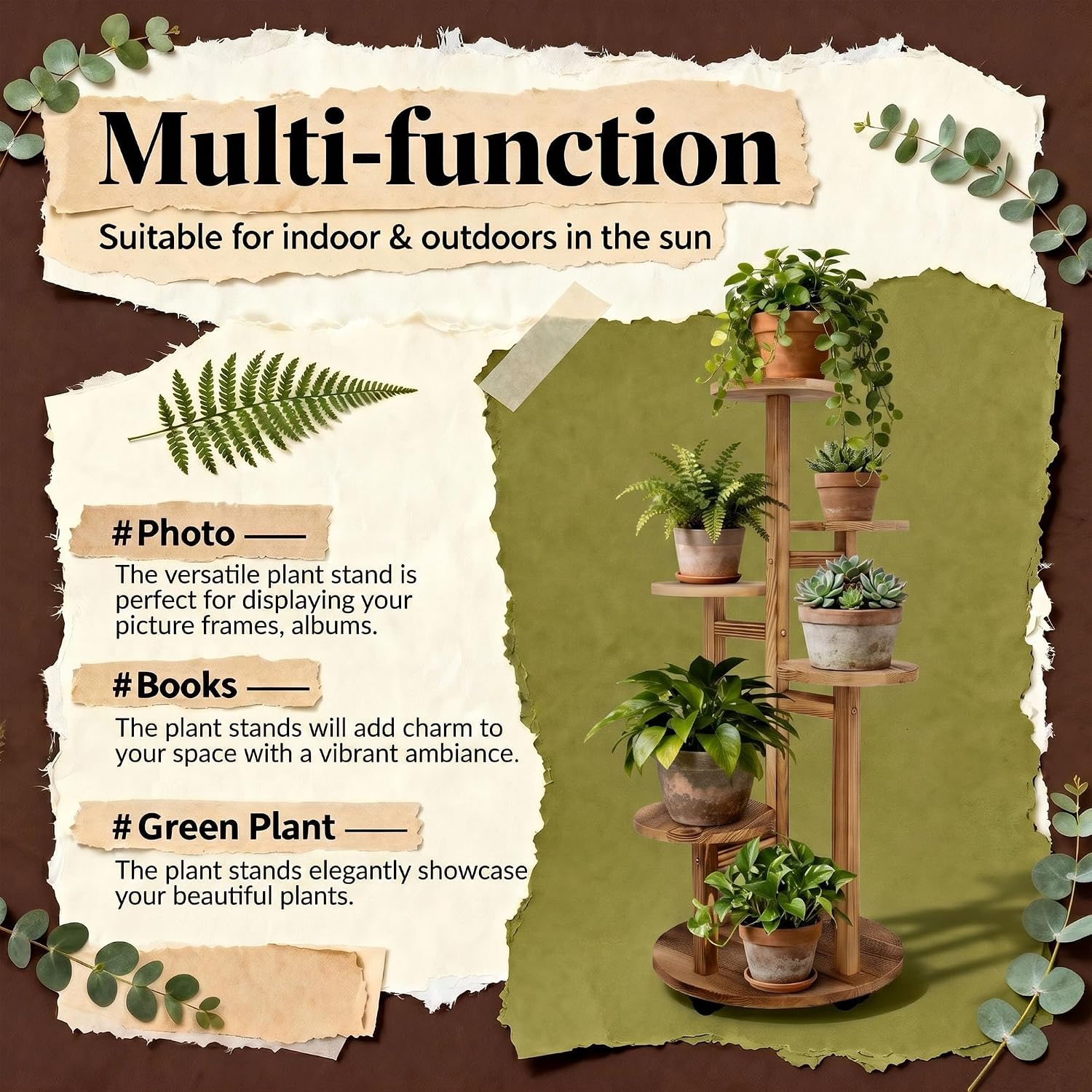 5 Tiered Tall Plant Stand For Indoor, Wood Plant Shelf Corner Display Rack, Multi-Tier Planter Pot Holder Flower Stand For Living Room Balcony Garden Patio (Brown)