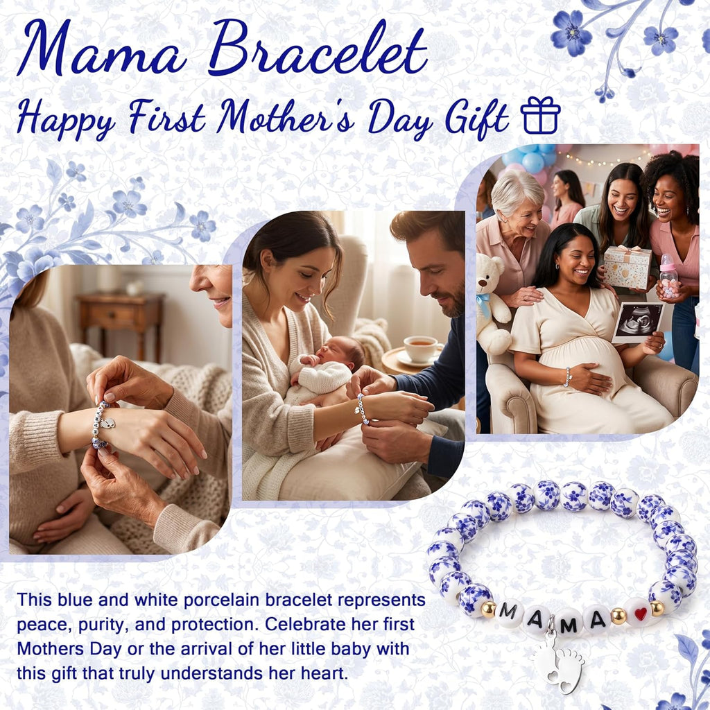 Sereney Mothers Day Gifts for Grandma/New Mom, Nana/New Mama/Mimi/Gigi Bracelets for Women as First Mothers Day Gifts for Mama Grandmother, Bule and White Porcelain Stretch Bead Bracelet for Nana Gigi Mimi