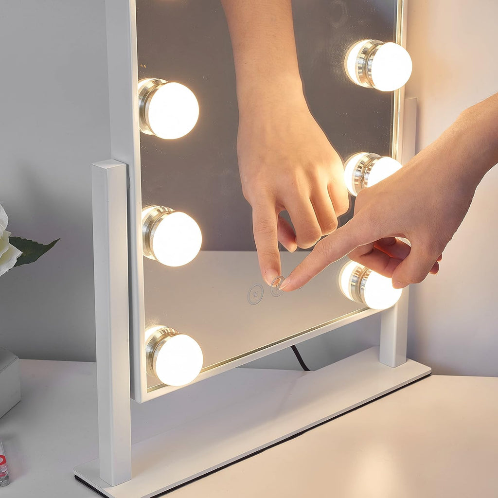 Kotdning Vanity Mirror With Lights,Lighted Vanity Mirror With 9 Dimmable Bulbs For Dressing Room & Bedroom,3 Color Lighting,Modes Detachable 10X Magnification 360°Ratation(White) 12" L X 14.4" W