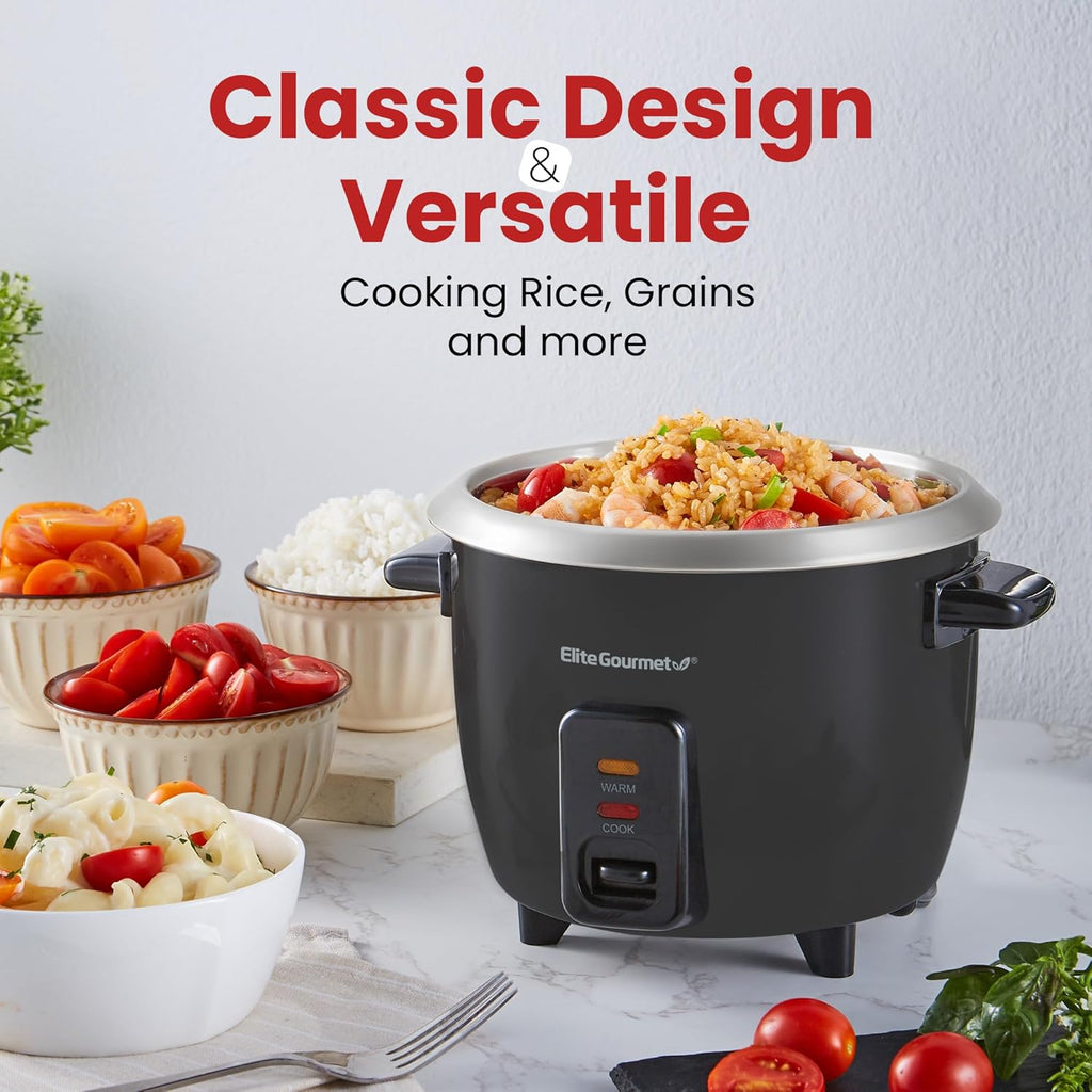 Elite Gourmet ERC003BX Electric Rice Cooker with Automatic Keep Warm Makes Soups, Stews, Grains, Hot Cereals, 6 Cups Cooked (3 Cups Uncooked), Black