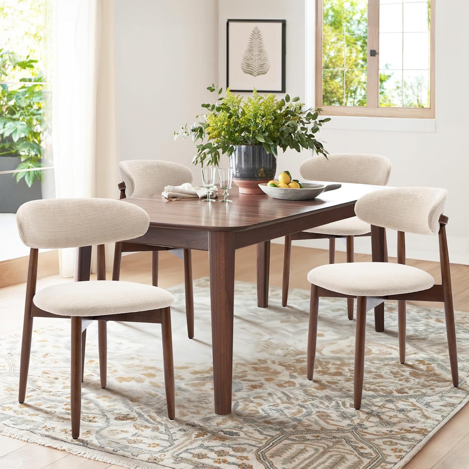 Colamy Wooden Dining Chairs Set Of 4, Modern Fabric Upholstered Kitchen Side Chairs, Farmhouse Dining Room Chair With Foot Pegs, Beige