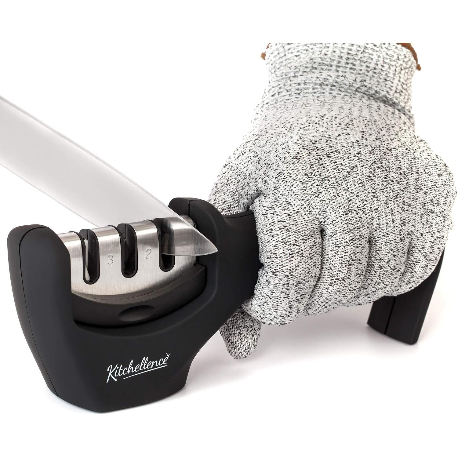 4-In-1 Kitchen Knife Accessories: 3-Stage Knife Sharpener Helps Repair, Restore, Polish Blades And Cut-Resistant Glove (Black)