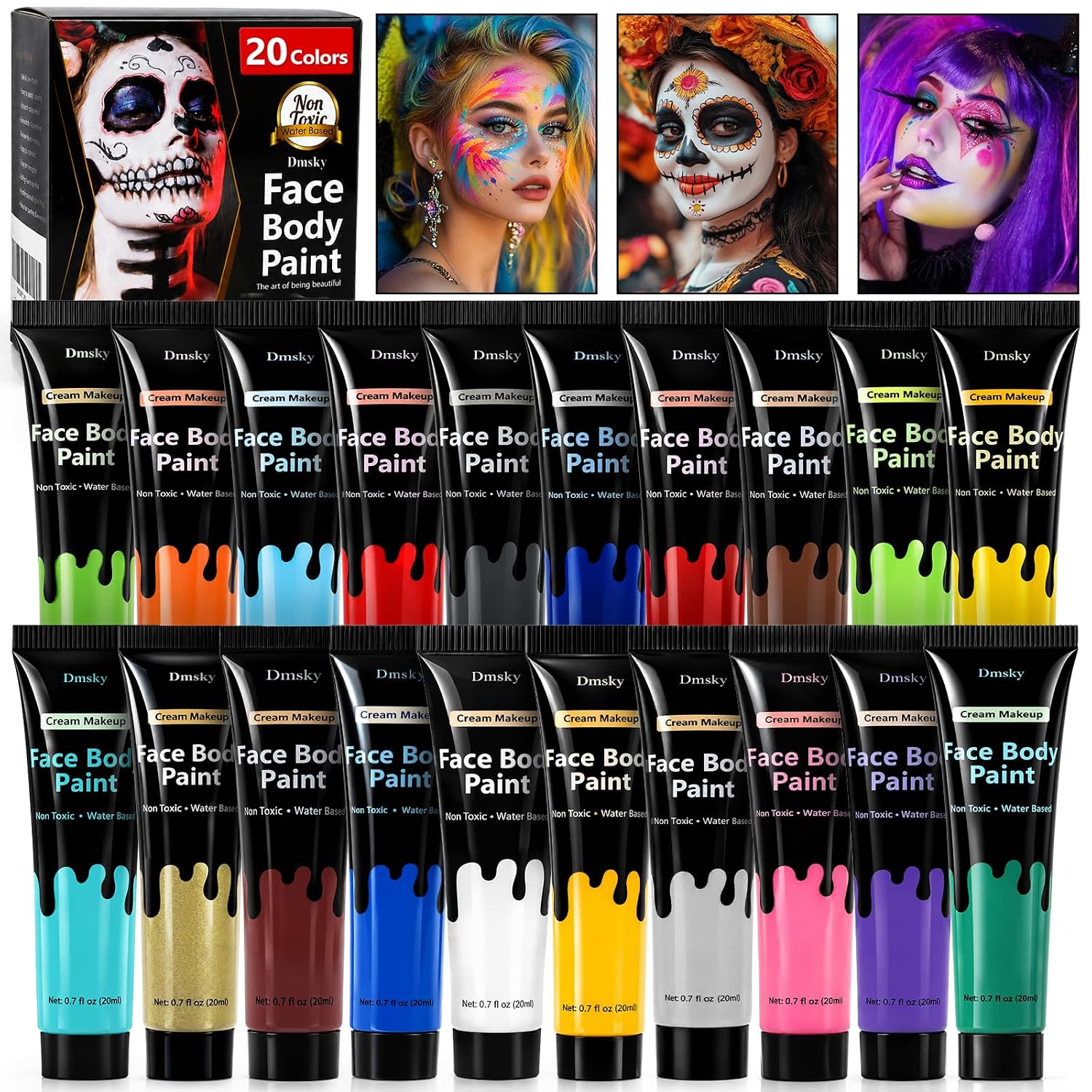 20 Colors Face Body Paint Cream Kit,High Pigment Body Paint For Adults And Kids,Non-Toxic Water Based Face Paint For Stage Cosplays,Halloween Sfx Makeup,0.7 Fl Oz Each