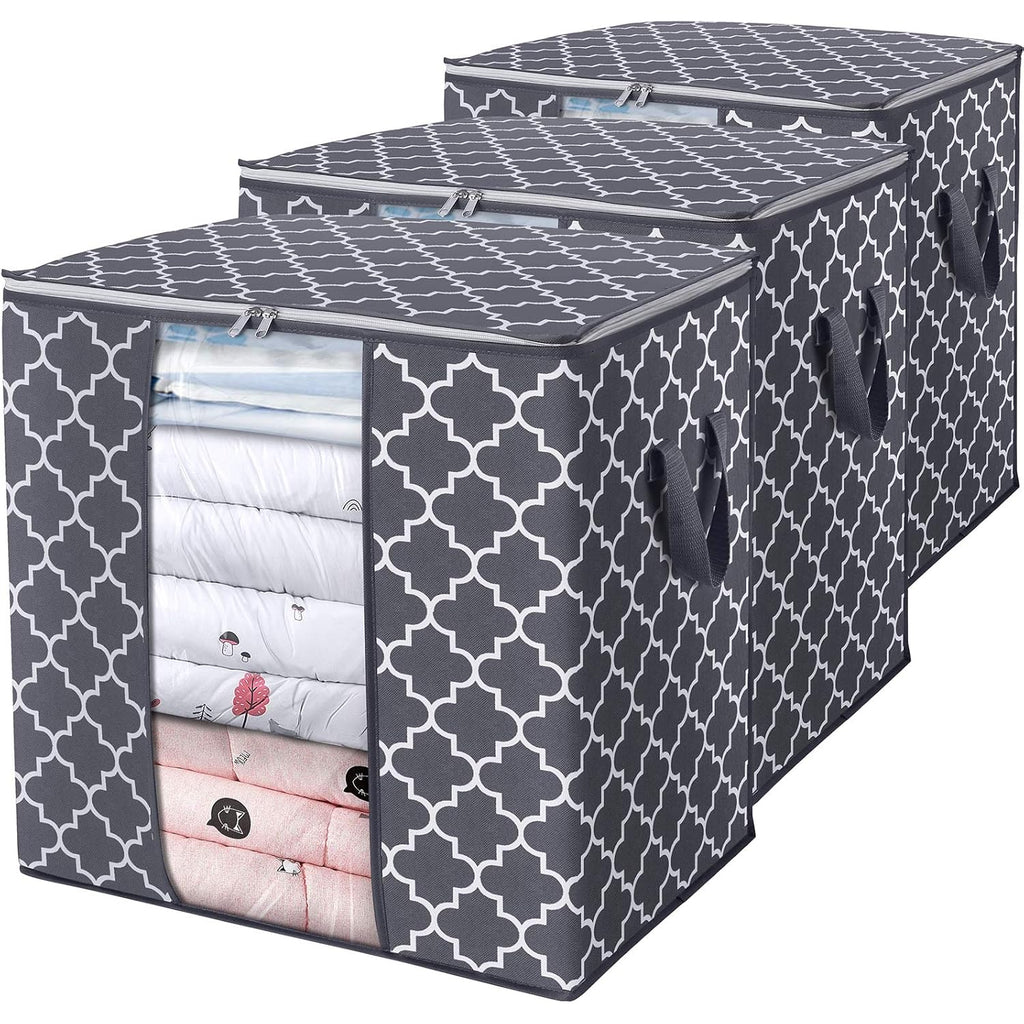 Wiselife Storage Bags 3 Pack/100L Large Blanket Clothes Organization And Storage Containers For Comforters,Bedding, Foldable Organizer With Reinforced Handle, Clear Window, Sturdy Zippers,Gray